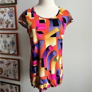 Y2K Anac Rainbow Geometric Mesh Top | Mod Print Lettuce Hem | S/M